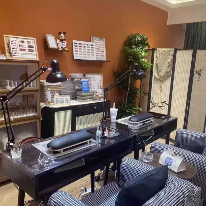 复古实木美甲桌椅套装深胡桃色