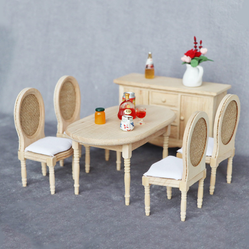 1:12娃娃屋dollhouse欧式迷你家具模型麻布椅diy实木橡木桌椅套装