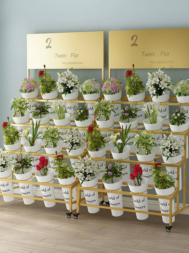 花店花艺鲜花塑料花桶架室内外带轮可移动带广告牌铁艺轻奢展示架