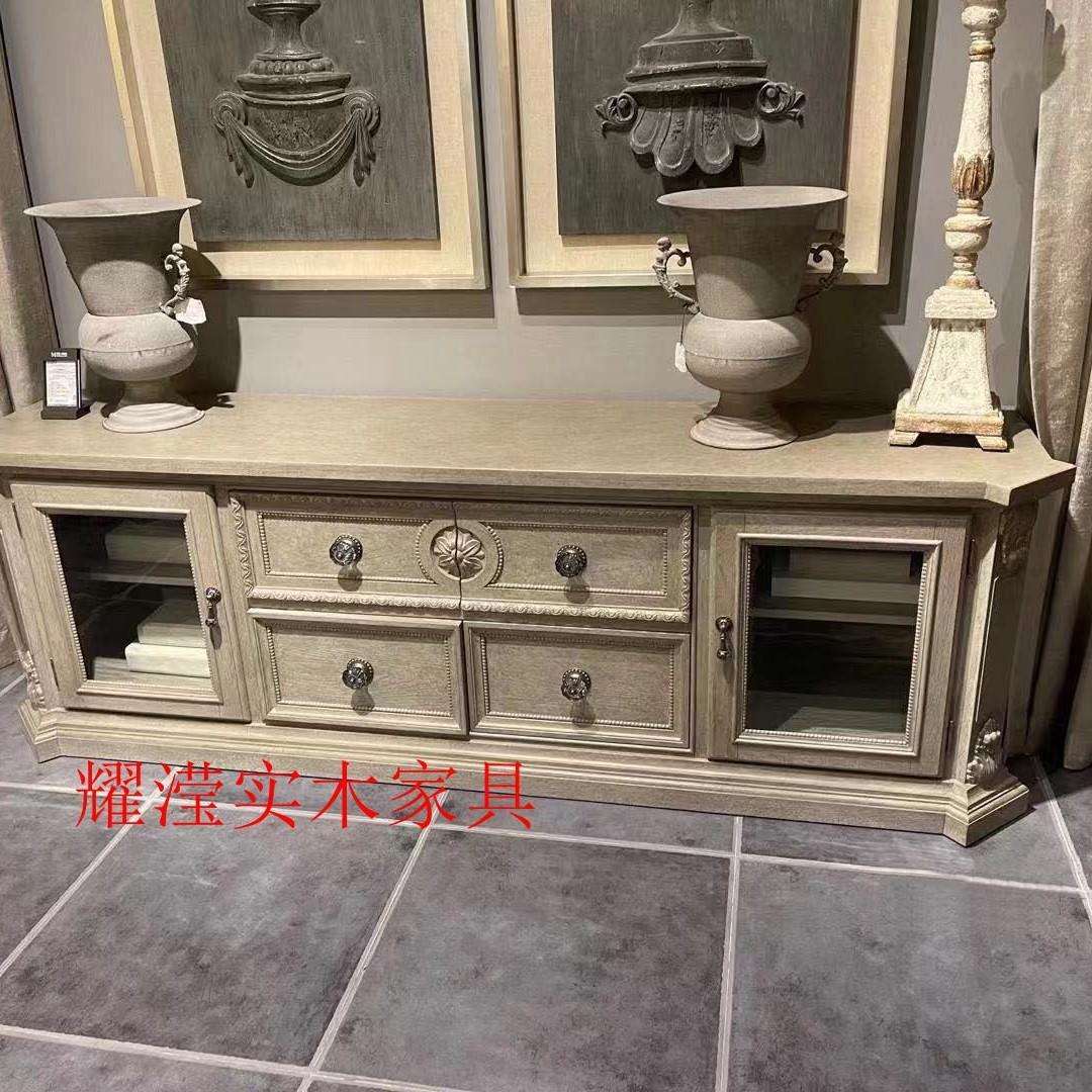 北美乡村建筑复兴客厅电视柜艺术复古做旧橡木雕花地柜家具