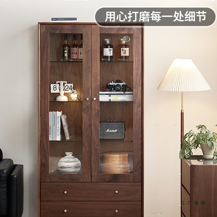 黑胡桃实木书柜客厅储物柜多功能双门玻璃展示柜北欧书橱原木酒柜