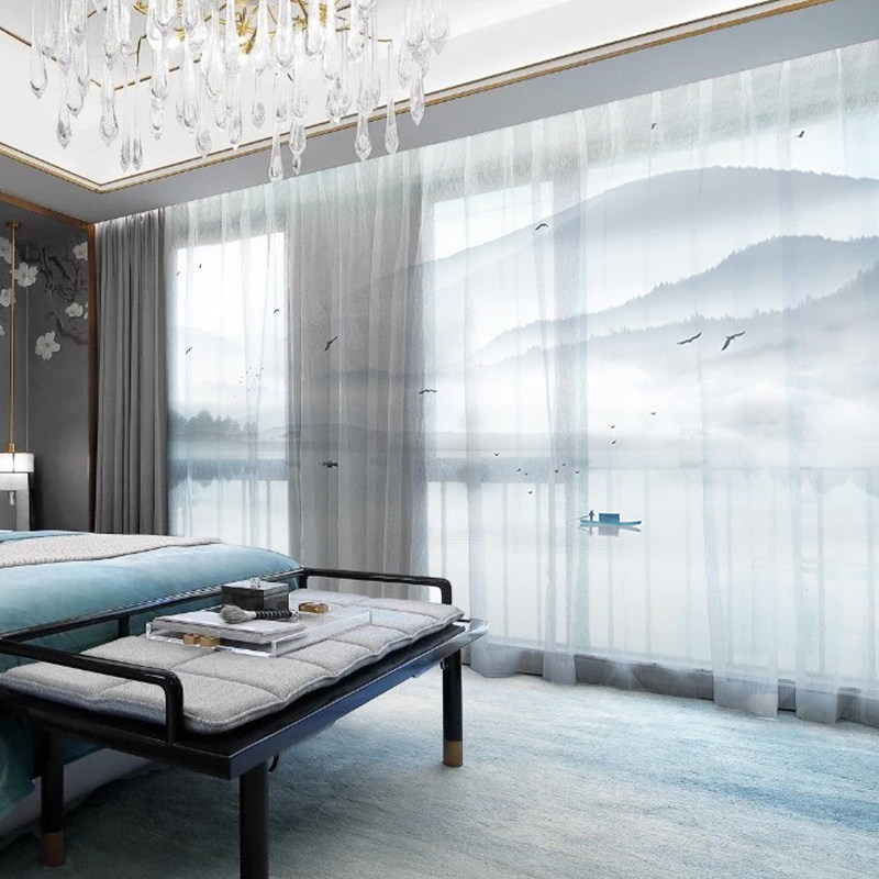 定制新中式窗帘布纱帘现代卧室客厅书房茶馆蓝色调山水水墨画飘窗