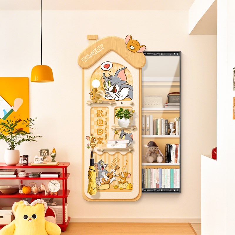 猫和老鼠隐藏式全l身镜子画玄关装饰画卧室洞洞板暗藏式推拉穿衣