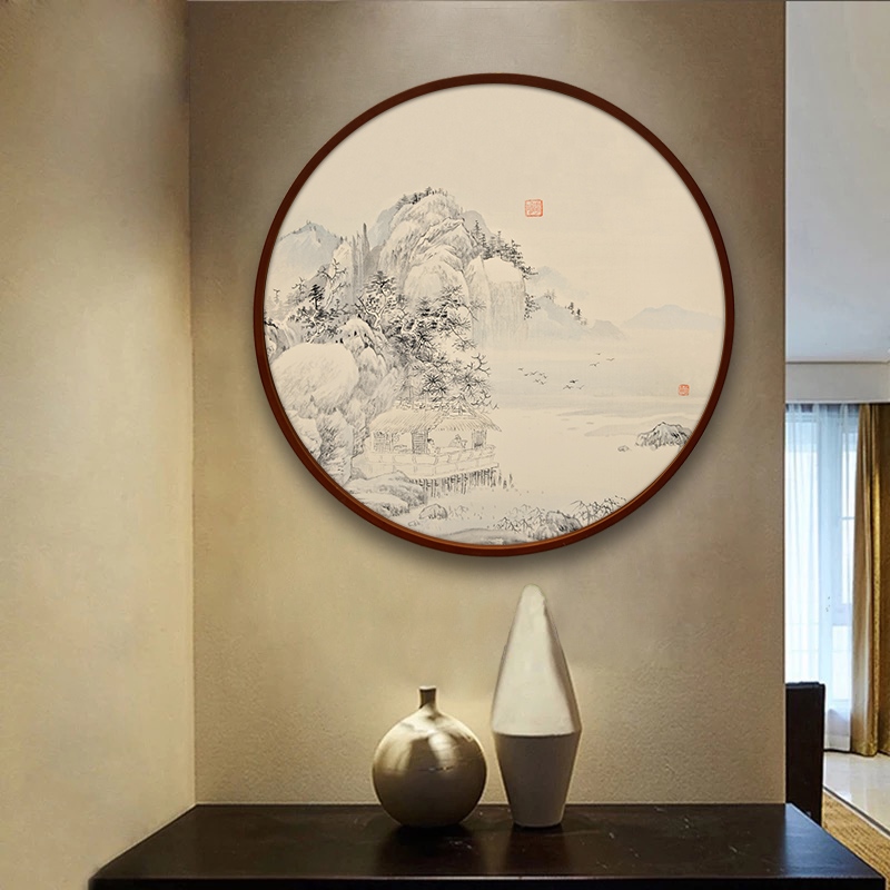 圆形山水挂画遮挡箱装饰画电表国画玄关中式背景墙客厅新中式定做