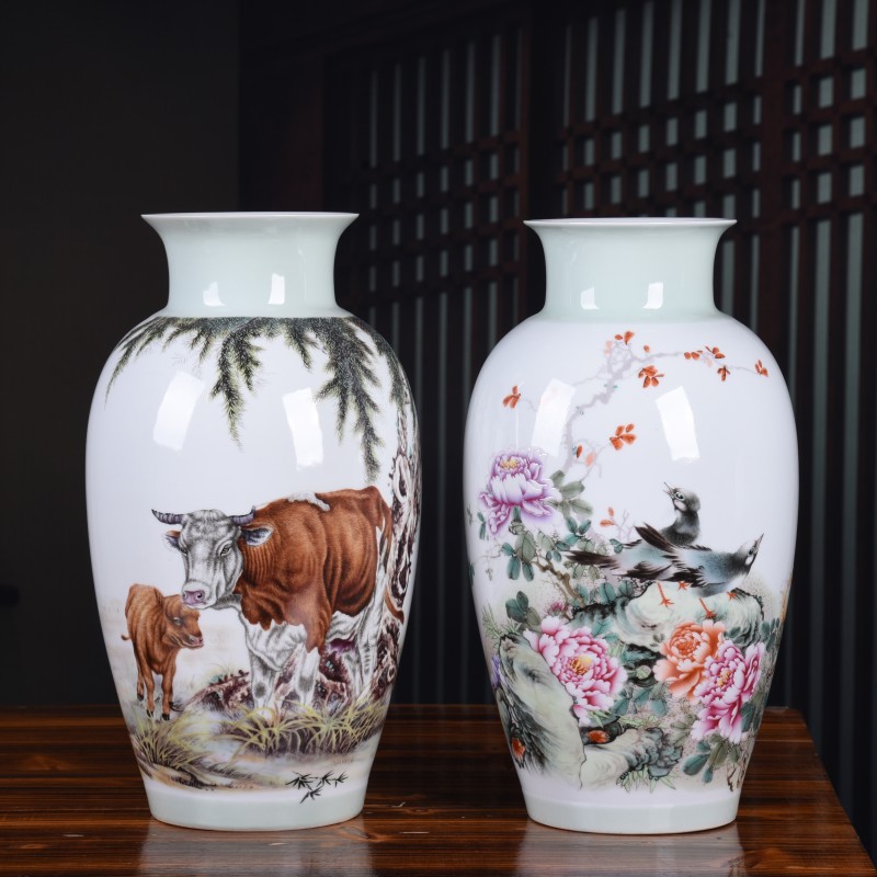 景德镇粉彩花鸟山水画陶瓷花瓶古典家居客玄关装饰摆件插花工艺品