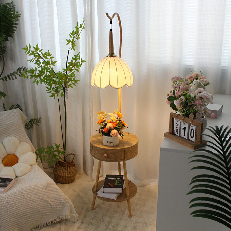 奶油原木风卧室置物架落地灯沙发边几茶几床头柜一体客厅装饰台灯,家装灯饰光源,装饰落地灯,淘宝优惠券,粉丝福利购,淘宝优惠卷