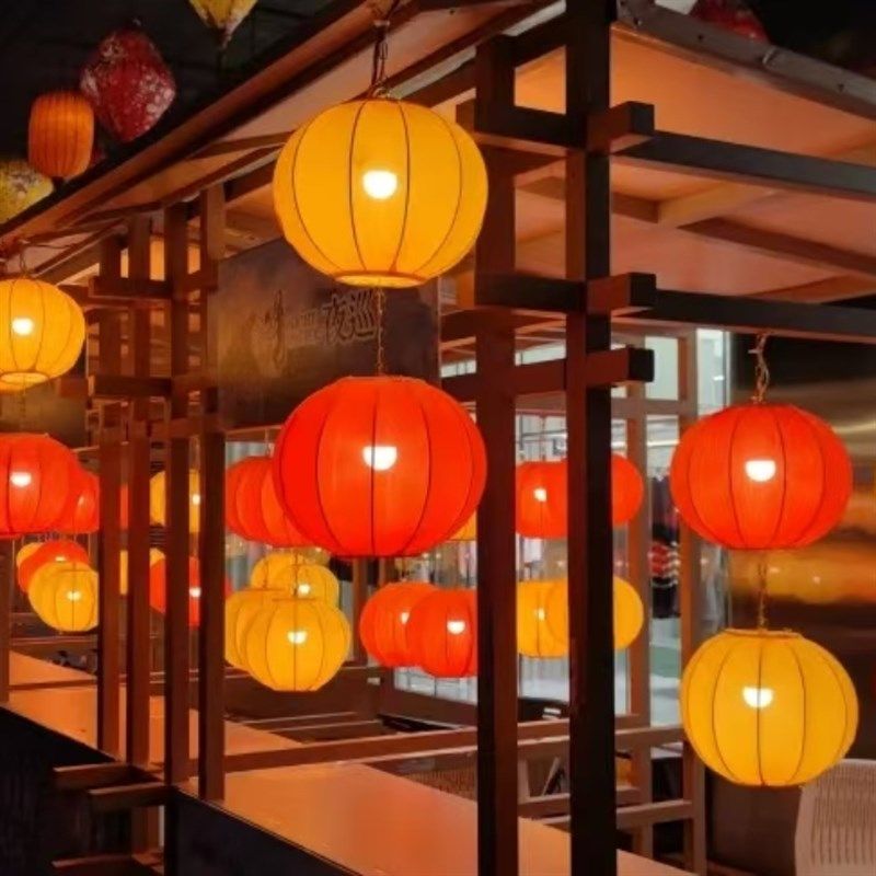 圆形灯笼新年黄色橙色可连串景区商场餐饮店装饰户外防水布艺吊灯