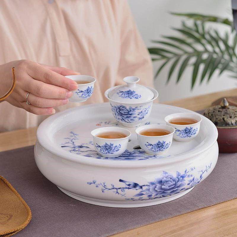 陶瓷茶盘托盘圆形家用简约茶台青花瓷潮汕功夫茶具储水小茶盘茶托