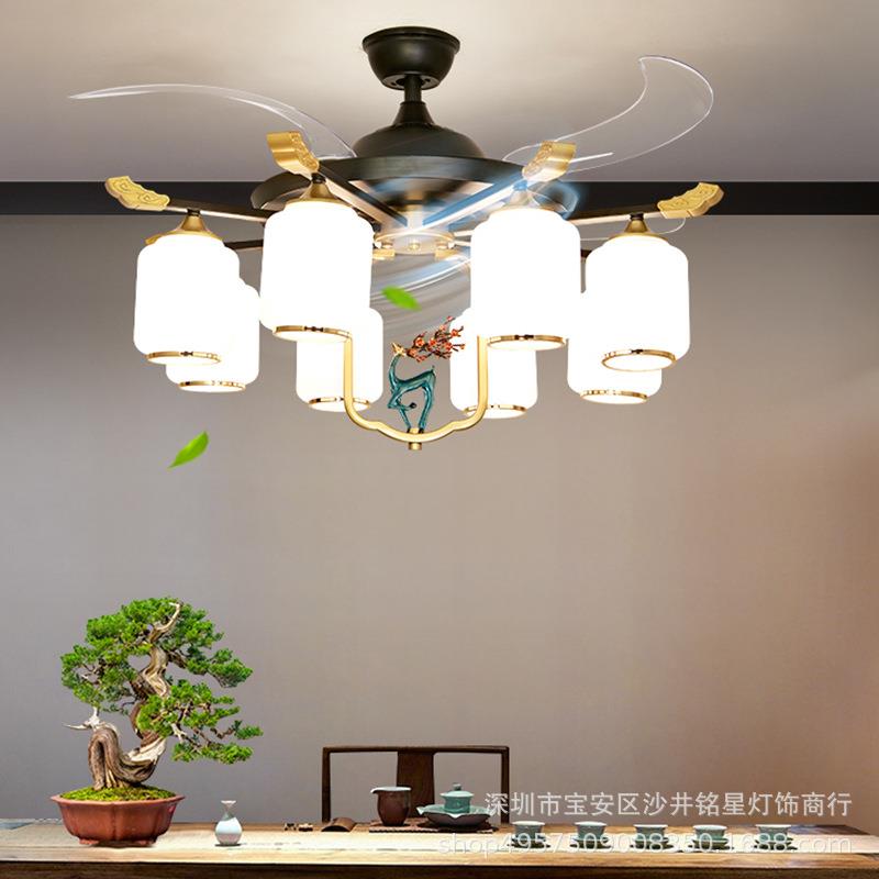 新中式风扇灯客厅吊扇灯中国风卧室书房家用餐厅风扇吊灯2022新款