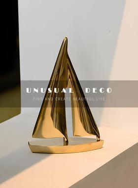 UNUSUAL 印度进口欧式轻奢金色铜制帆船摆件高档书房书桌书柜装饰