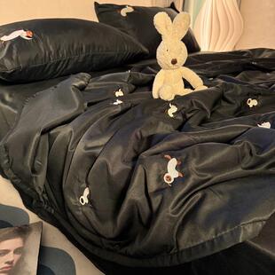 韩系黑色卡通小狗刺绣水洗冰丝夏凉被四件套双面凉感丝滑裸睡夏被