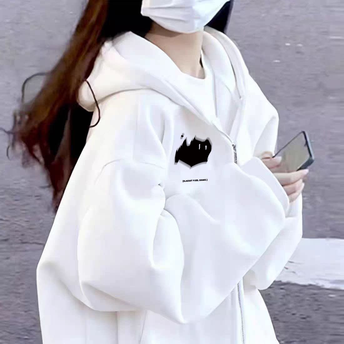 白色小猫连帽开衫卫衣外套女2025新款春秋加绒宽松初中学生上衣