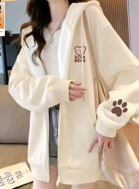 开衫卫衣女学生韩版宽松潮ins冬季拉链加绒连帽上衣外套薄款2026