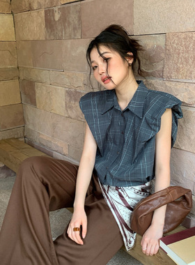 NEIHE内赫法式复古设计感格子撞色无袖衬衫女夏别致上衣女250601