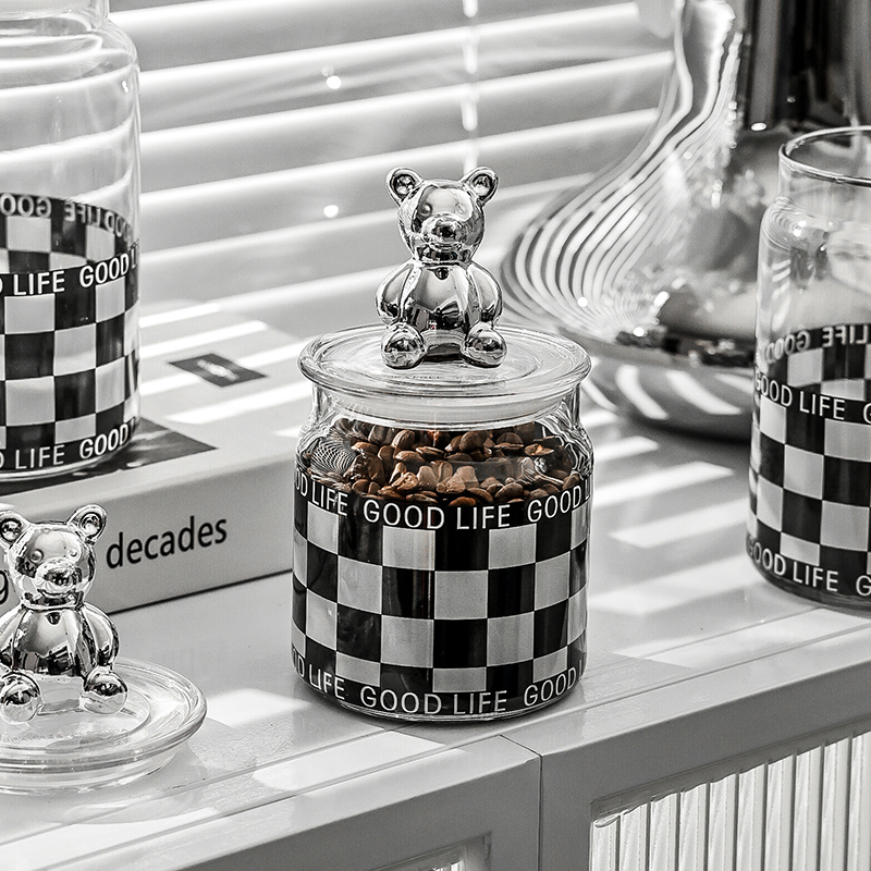 ins风棋盘格玻璃密封罐储w物瓶厨房杂粮糖果咖啡豆茶叶收纳罐带盖