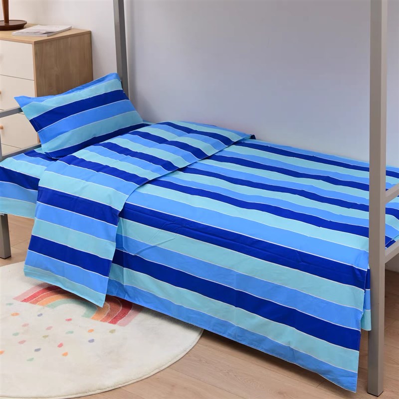 学生宿舍三件套纯棉单q人被套床单枕套三色蓝竖条纹上下铺床上用