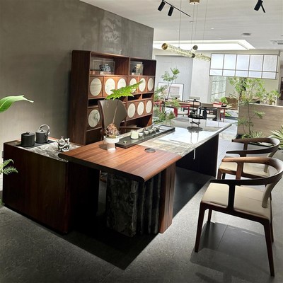 黑胡桃木茶桌椅组合客厅轻奢实木茶台办公室茶桌一体W艺术长桌岩