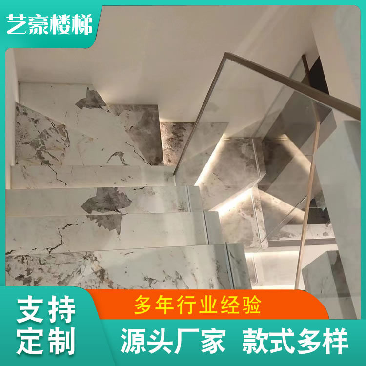 玻璃堆叠楼梯阁楼室内钢木直角梯悬浮钢结构复式跃层公寓loft