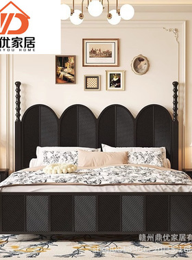 美式黑色轻奢双人床1.8米储物高箱1.5米雕花中古风法式复古实木床