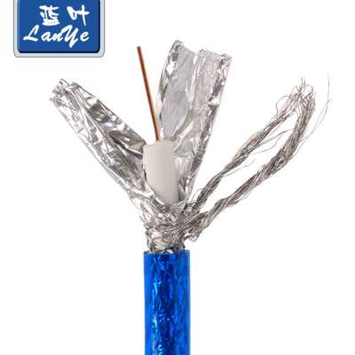 蓝叶高编加密128网蓝色透明高清有线电视线闭路线同轴电缆100米