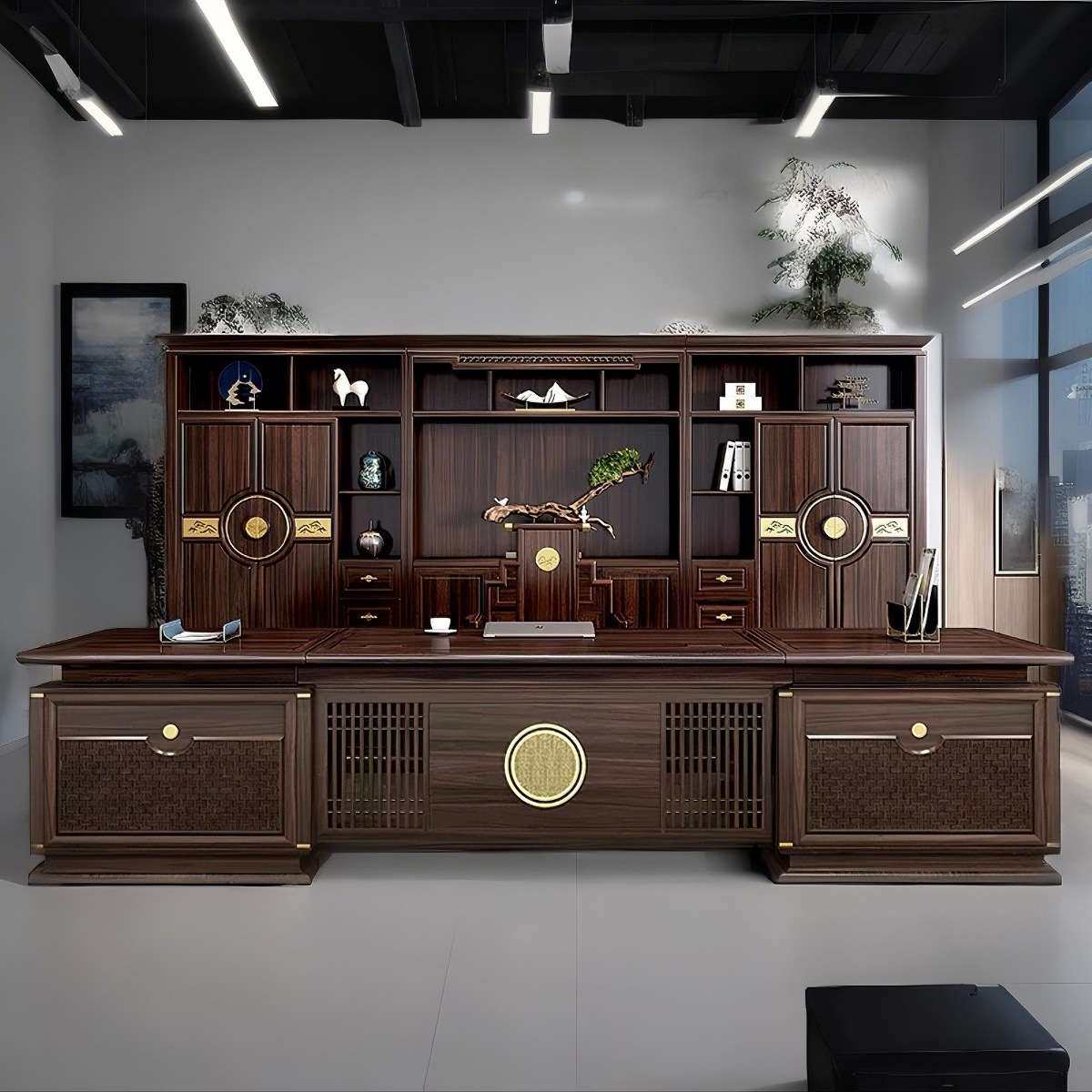 新中式老板桌总裁办公桌乌金木实木大班台高端办公室家具