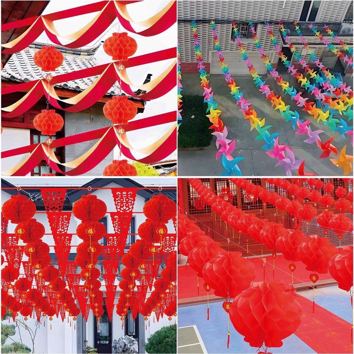 0婚礼别墅装饰波浪旗拉花 户外风车彩旗三角串旗 农村院子布置灯