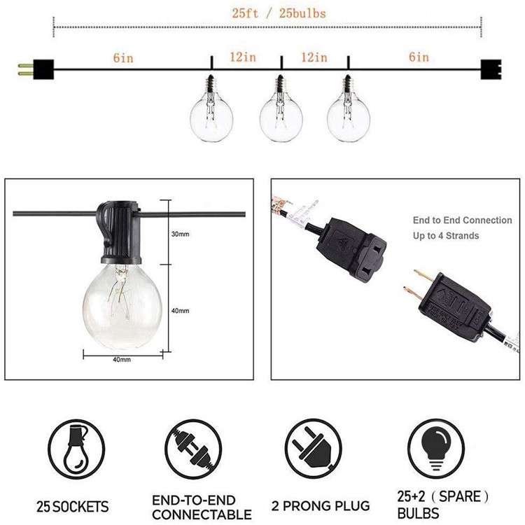 厂家供货LED户外灯串G40美规装饰灯暖白光110V圣诞灯泡