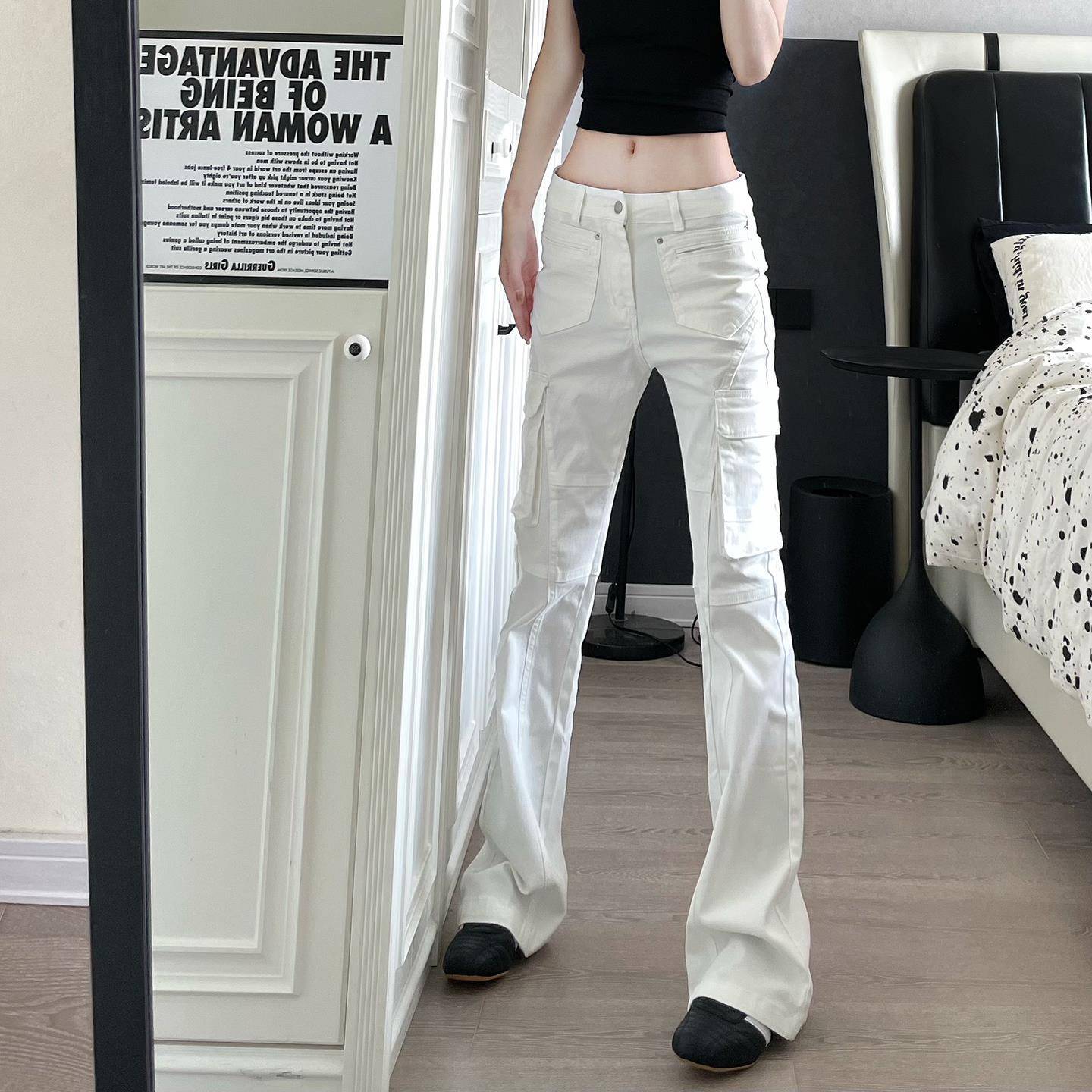 9002up美式高街vibe微喇白色裤子夏垂感高级感修身工装裤2025新款