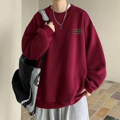 酒红色卫衣男款2024新款秋冬青少年圆领美式重磅纯棉宽松加绒外套
