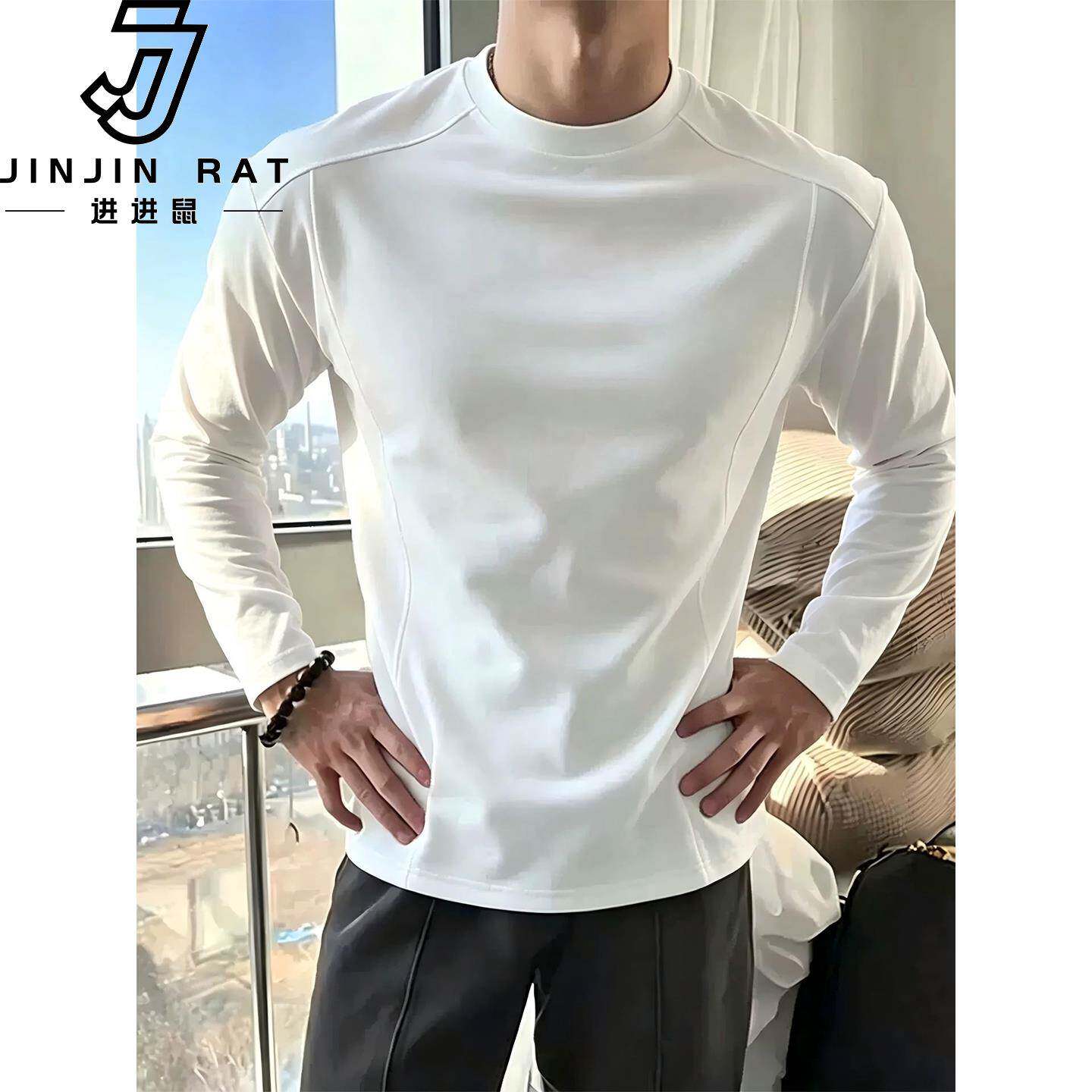 美式小领口运动长袖t恤男款秋季重磅解构拼接卫衣纯棉健身打底衫