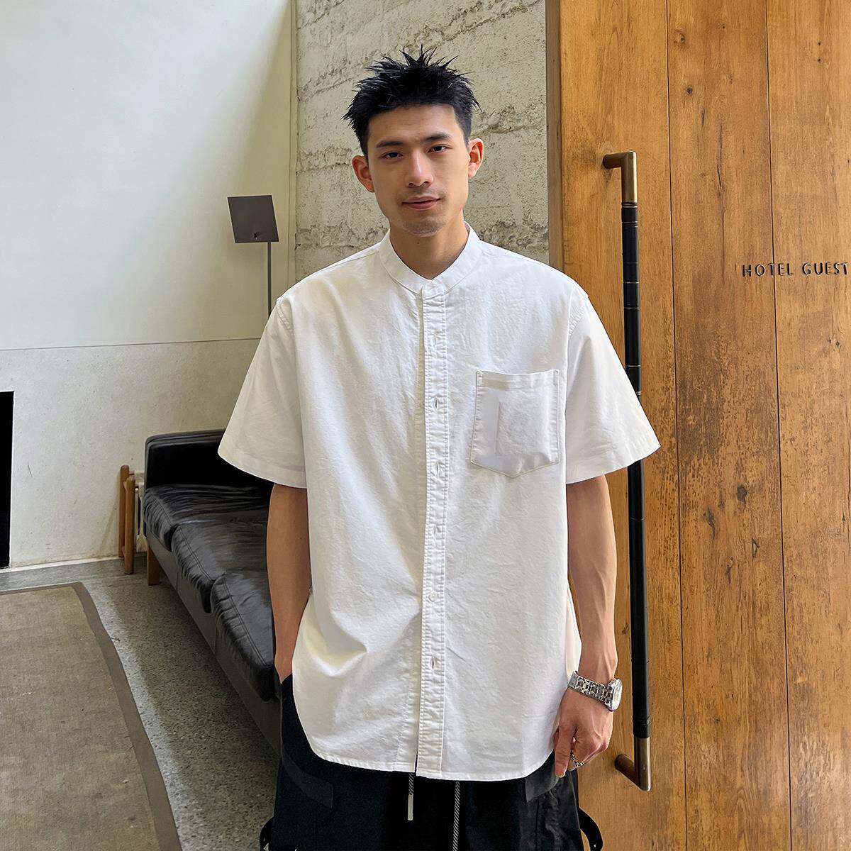 杠叔纯棉短袖衬衫男夏季白色基础百搭休闲简约衬衣宽松韩版潮流