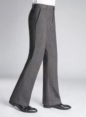 冬季人字呢休闲裤男商务中高腰毛呢条纹男裤弹力加绒保暖喇叭长裤