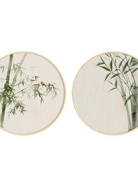 长青竹新中式原木风装饰画圆形客厅挂画花鸟竹子图清新绿色壁画