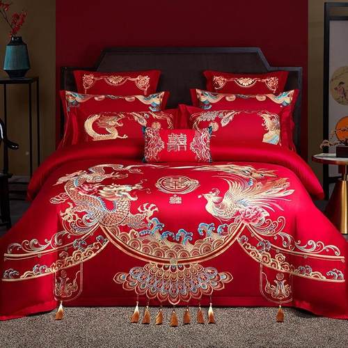 100季s亲高大红色龙凤刺绣婚档庆四件套肤被套结婚陪嫁NIG四床品
