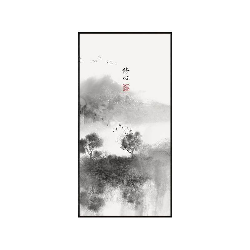 新中式入户玄关竖版装饰画禅意走廊挂画书房山水壁画黑白水墨墙画