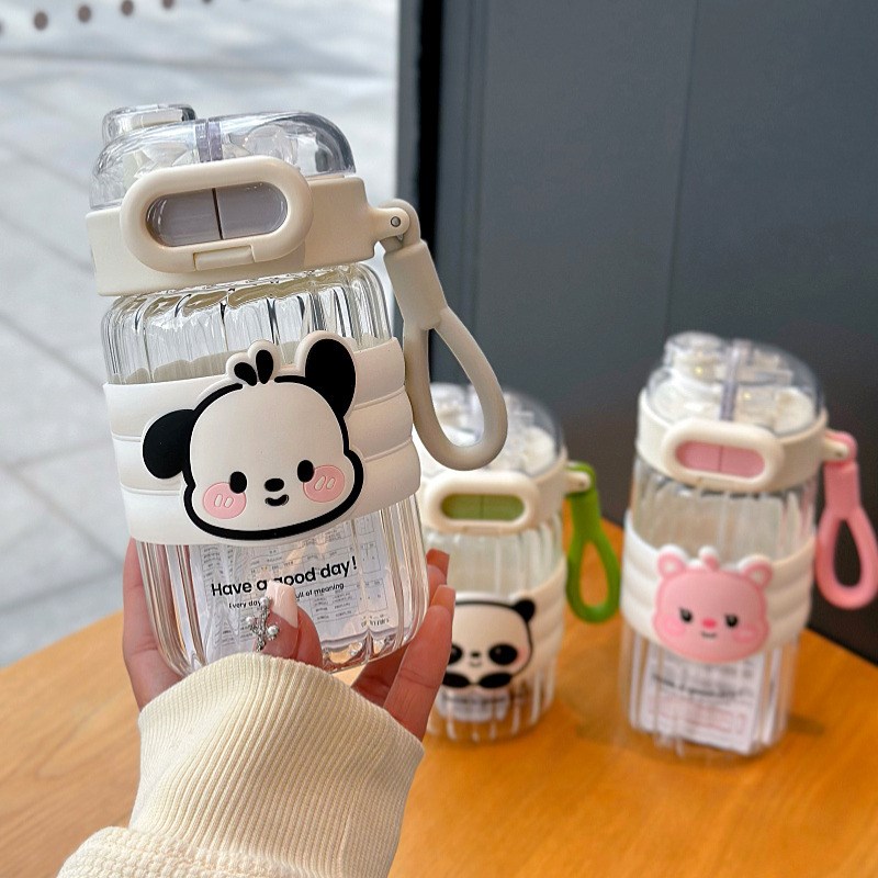 可爱玻璃杯c带提手2024新款耐高温隔热防烫吸管杯男女学生双饮水