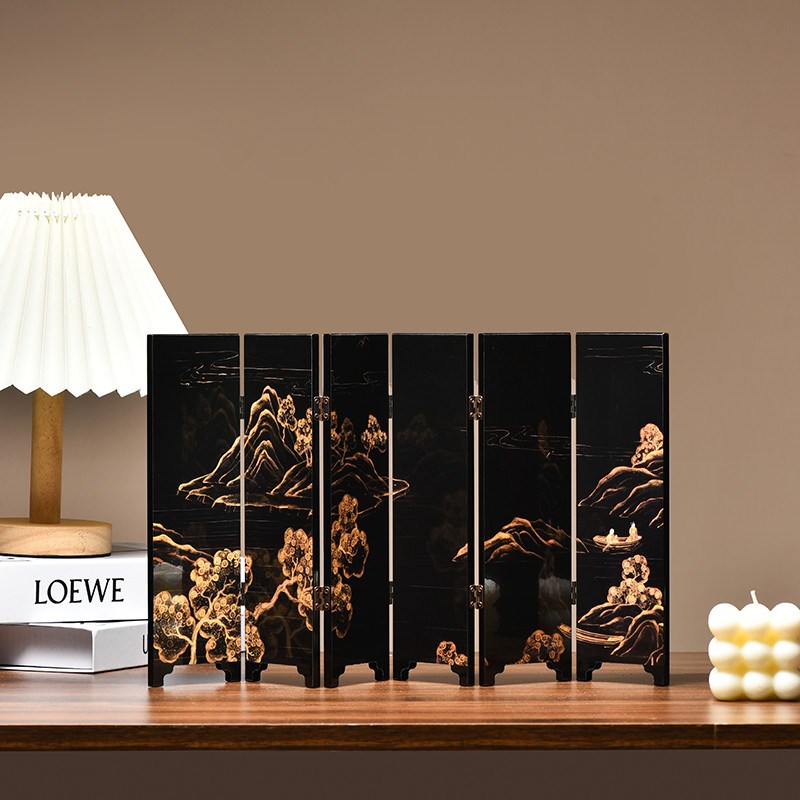 茶空间文创双面小屏风摆件仿古复古E茶台漆器摆件茶道配件礼盒装