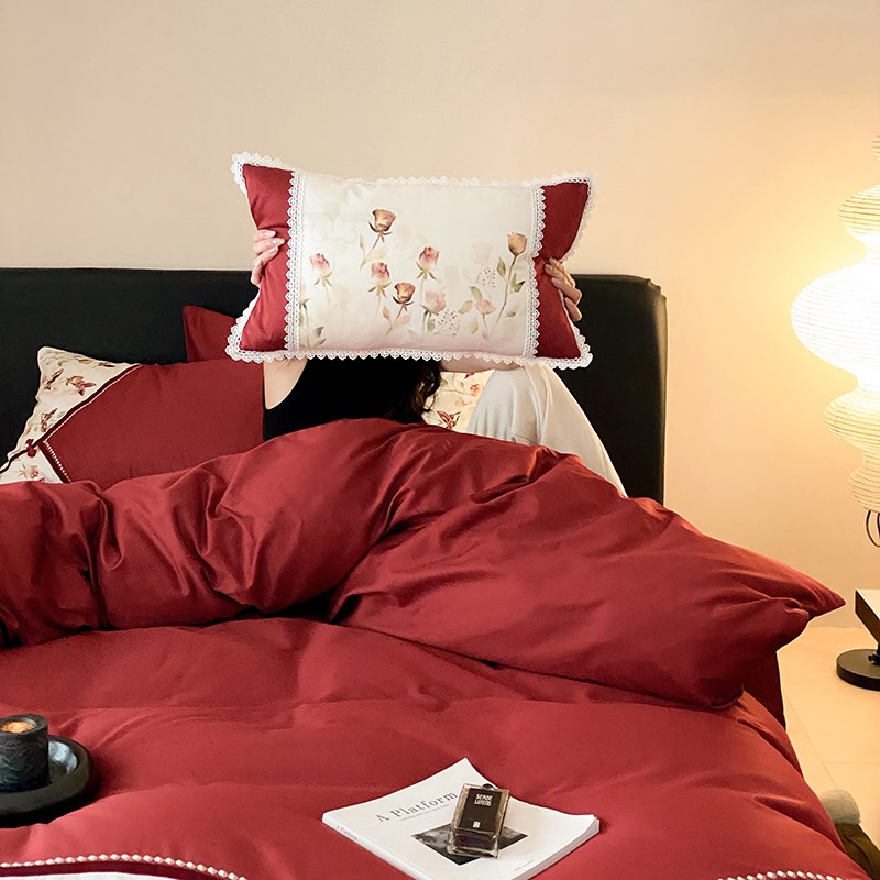 婚庆嫁娶100S全棉长绒棉t床单四件套纯棉刺绣被套四季1.8m床单床