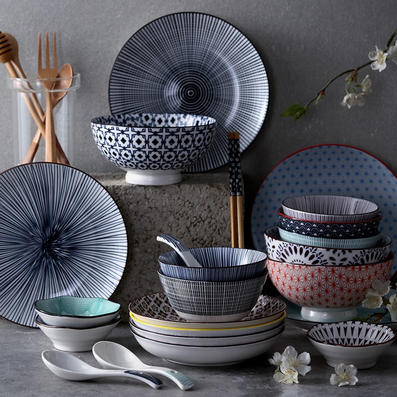 中式餐具一人食g套装轻奢ins个人手绘陶瓷配5寸螺纹碗7寸盘六件套