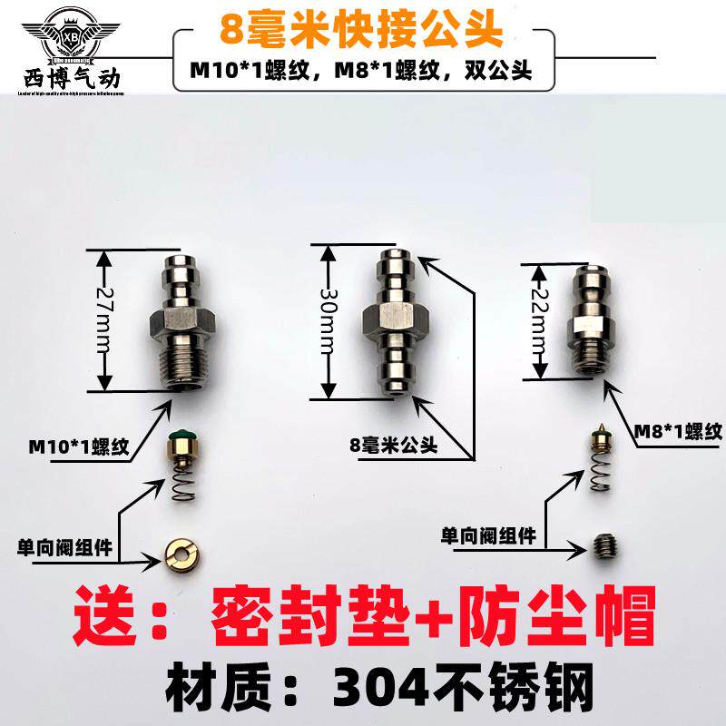 8mm快接公头螺纹10*1双公头8*高压30MPA垫片充气泵打气机配件40MP