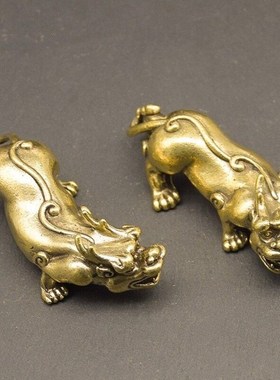 实心纯黄铜一对貔k貅茶宠做旧桌面复古转运貔貅摆件个性手把件