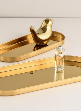 小西家轻奢e不锈钢金色椭圆托盘家居首饰盘化妆品收纳盘置物盘摆