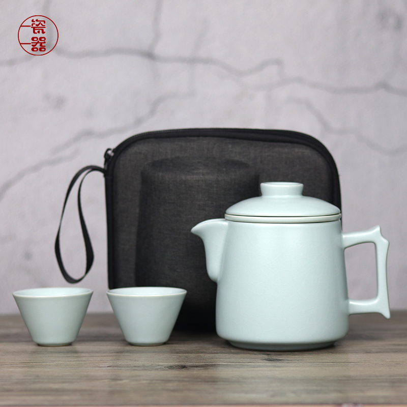 汝窑快客杯一壶二杯旅行便u携茶具套装泡茶杯茶水分离过滤陶瓷杯