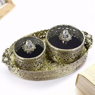 韩国托盘首饰盒金属欧式复古珠宝盒化J妆品口红收纳盒饰品盒桌面