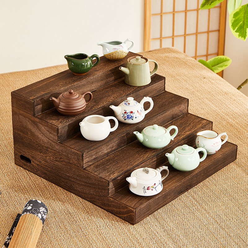 实木桌面阶梯展示架置物架t收纳架手办茶具茶杯茶壶摆放博古架五