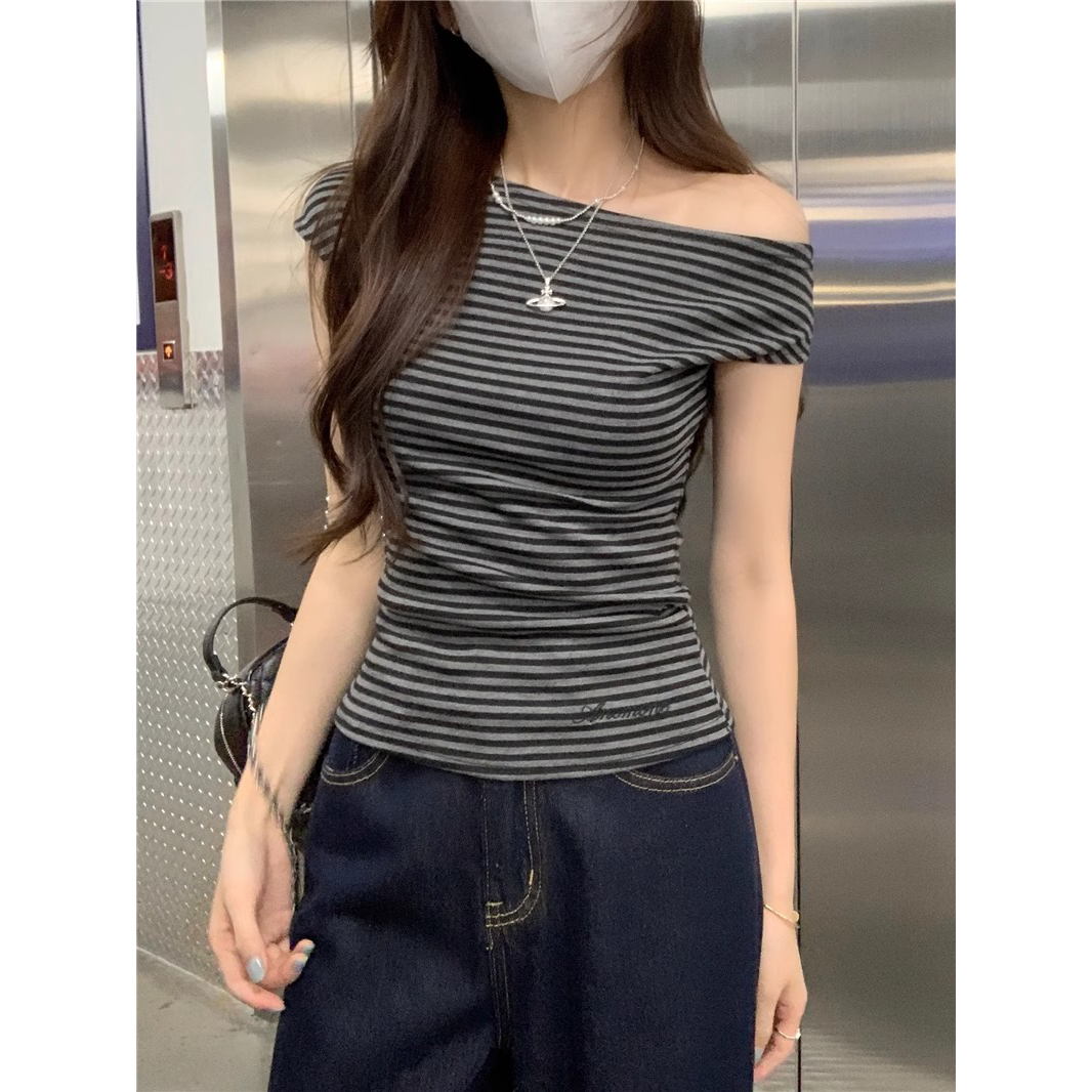 复古纯欲风短袖露肩撞色条纹T恤女2025夏季新款修身显瘦百搭上衣