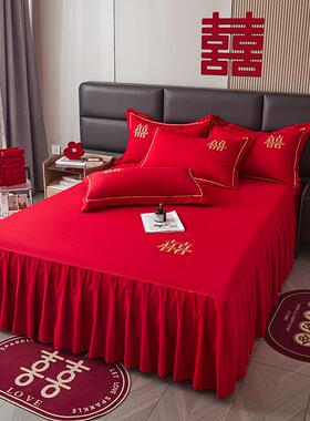 婚无品牌/床庆床裙单件大红色结婚罩喜庆绣刺三件套女床方陪嫁新
