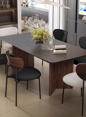 中古实95648木纯黑长岩板餐寂桌复古风黑胡桃色意式风餐桌诧风方