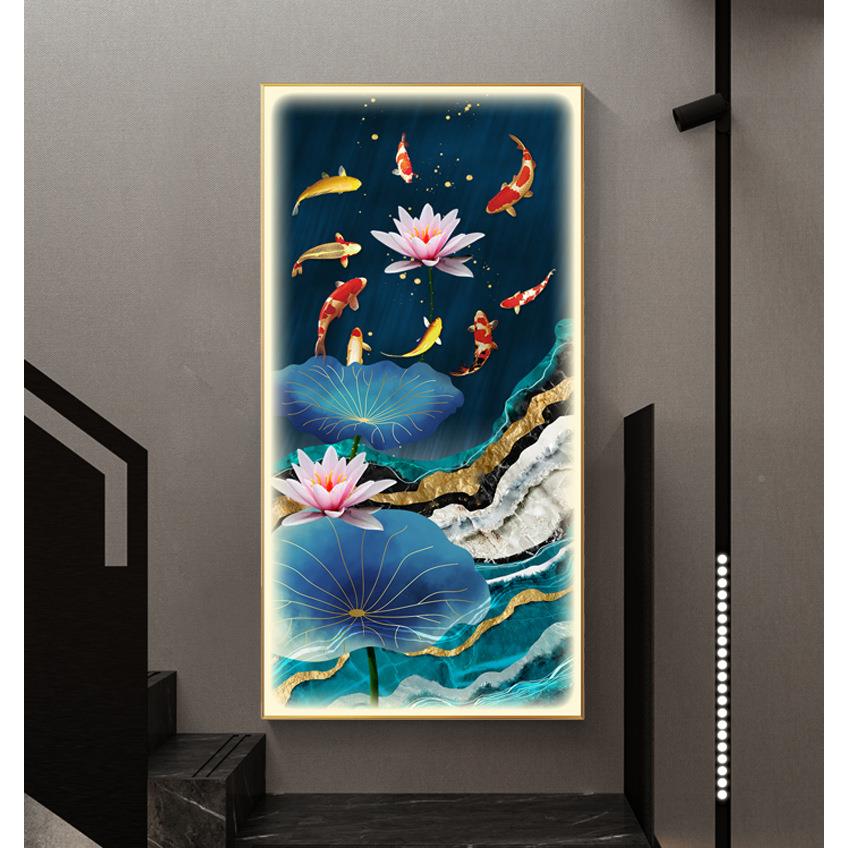 九鱼玄关画中式招财玄饰关柜壁装画现代简约图LED带灯GDA光挂画