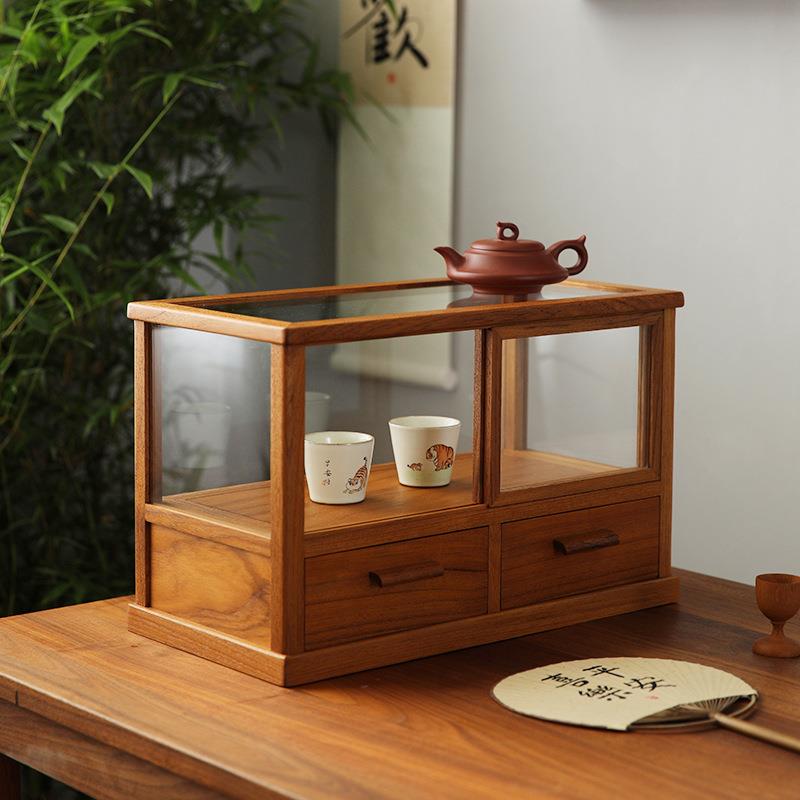 实711茶缅甸柚木复古桌面收纳展皿示柜黑胡桃带抽屉木具器玻璃展